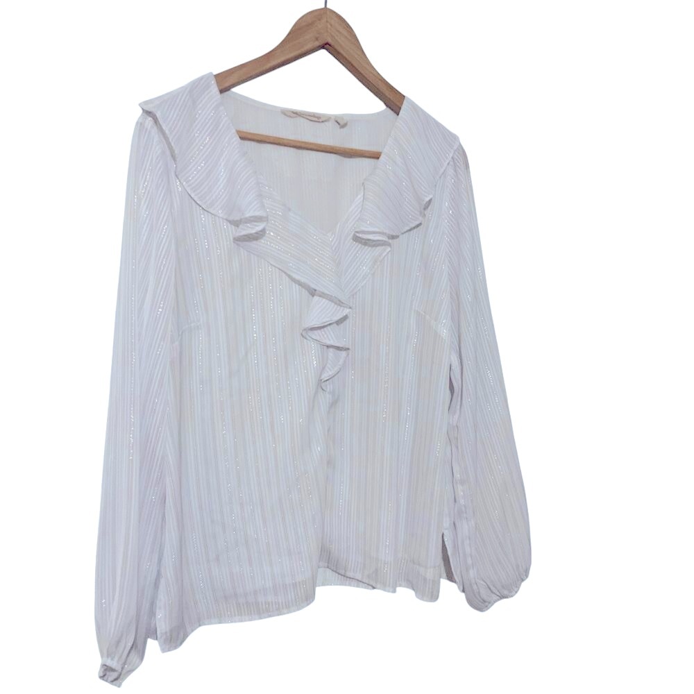 Soft Surroundings White Ruffled V-Neck Long-Sleeve Blouse - Picture 3 of 13
